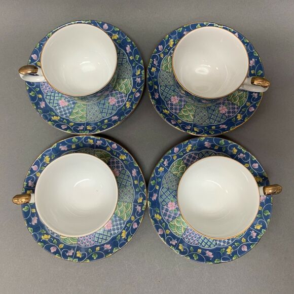 Gump's Botan Cups & Saucers 4 Sets Blue Yellow Pink Multi-color Floral Flowers - Picture 3 of 7